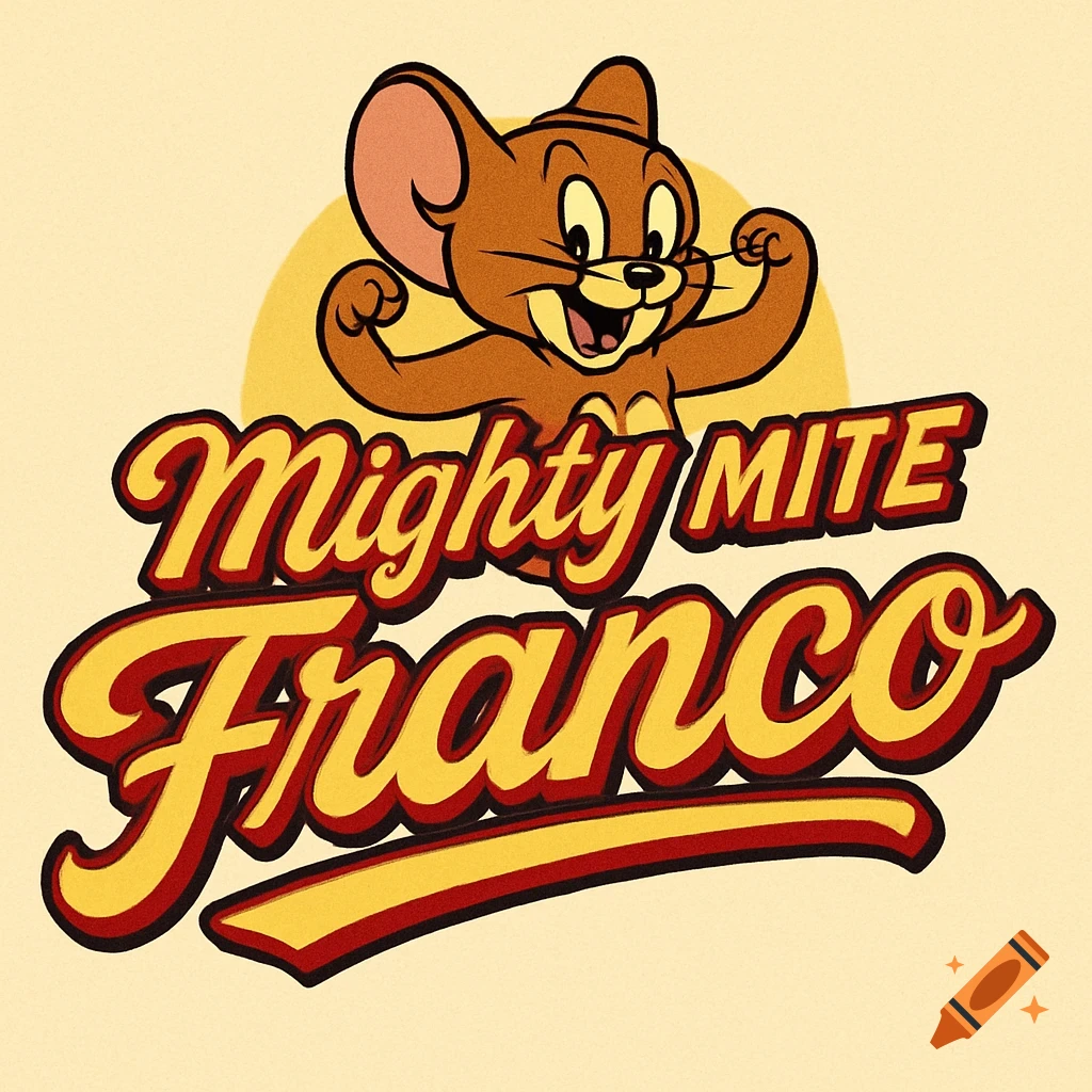 Jerry the mouse flexing his muscles above the text "Mighty Mite Franco" in a retro 50s-style logo.
