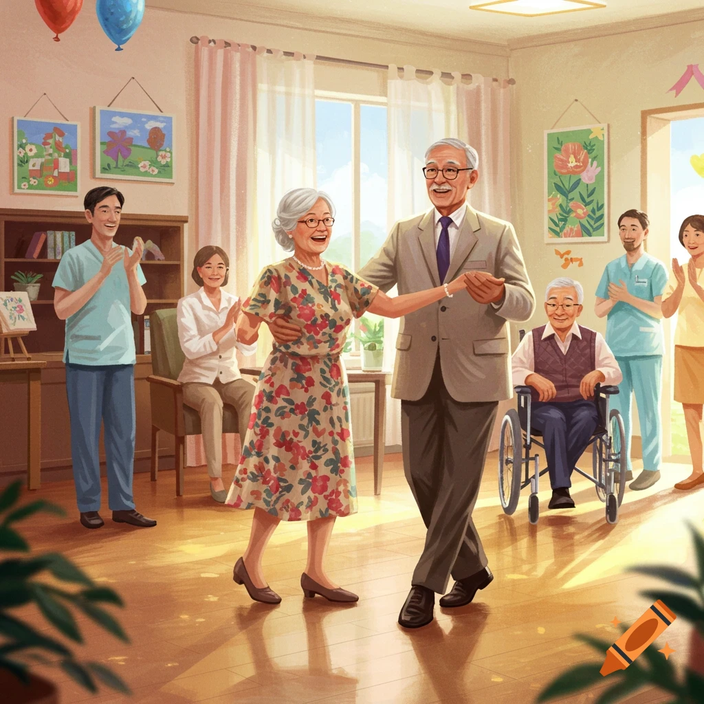 An elderly couple dances in a brightly lit adult healthcare center, cheered by caregivers and residents.
