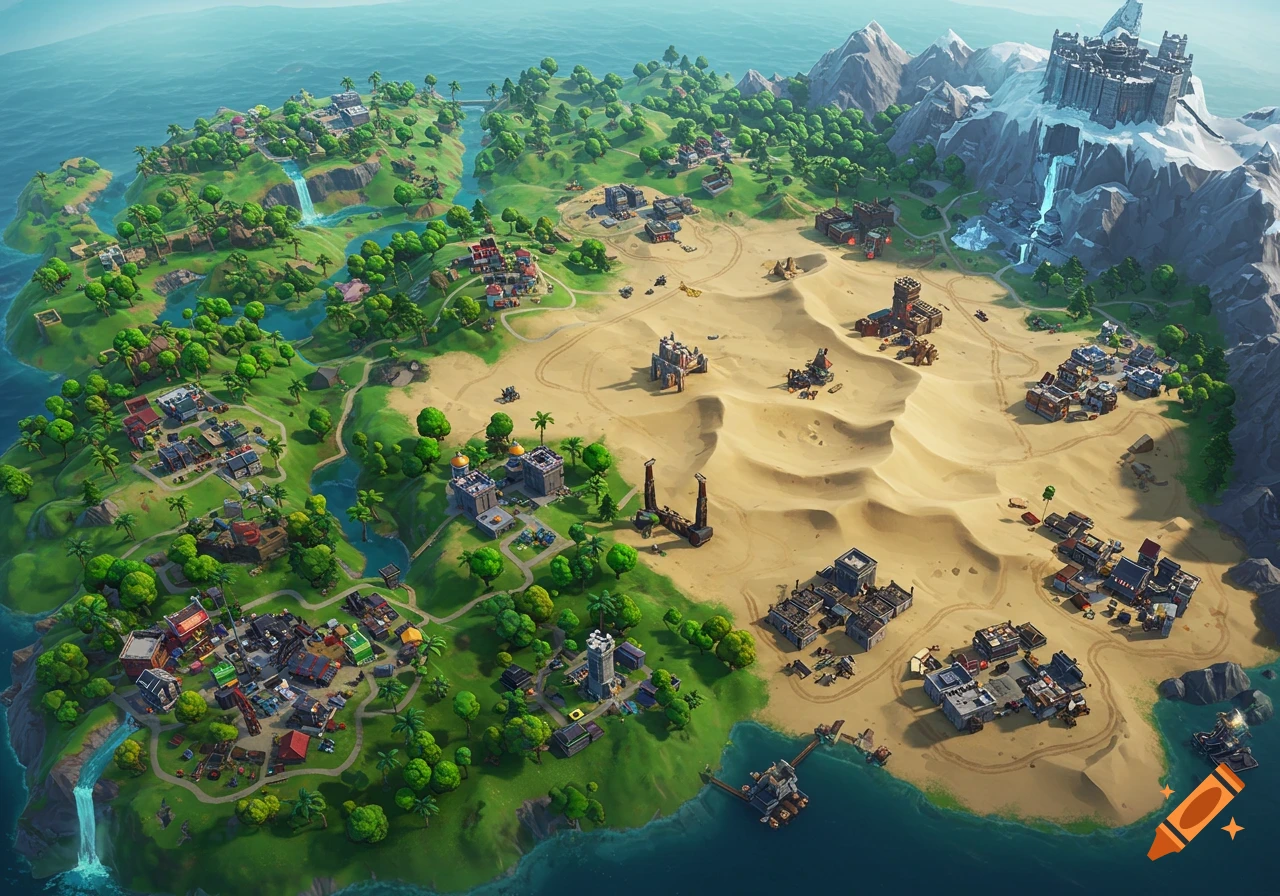 Aerial view of a colorful, stylized video game map with forests, deserts, mountains, and water, featuring various buildings and structures.