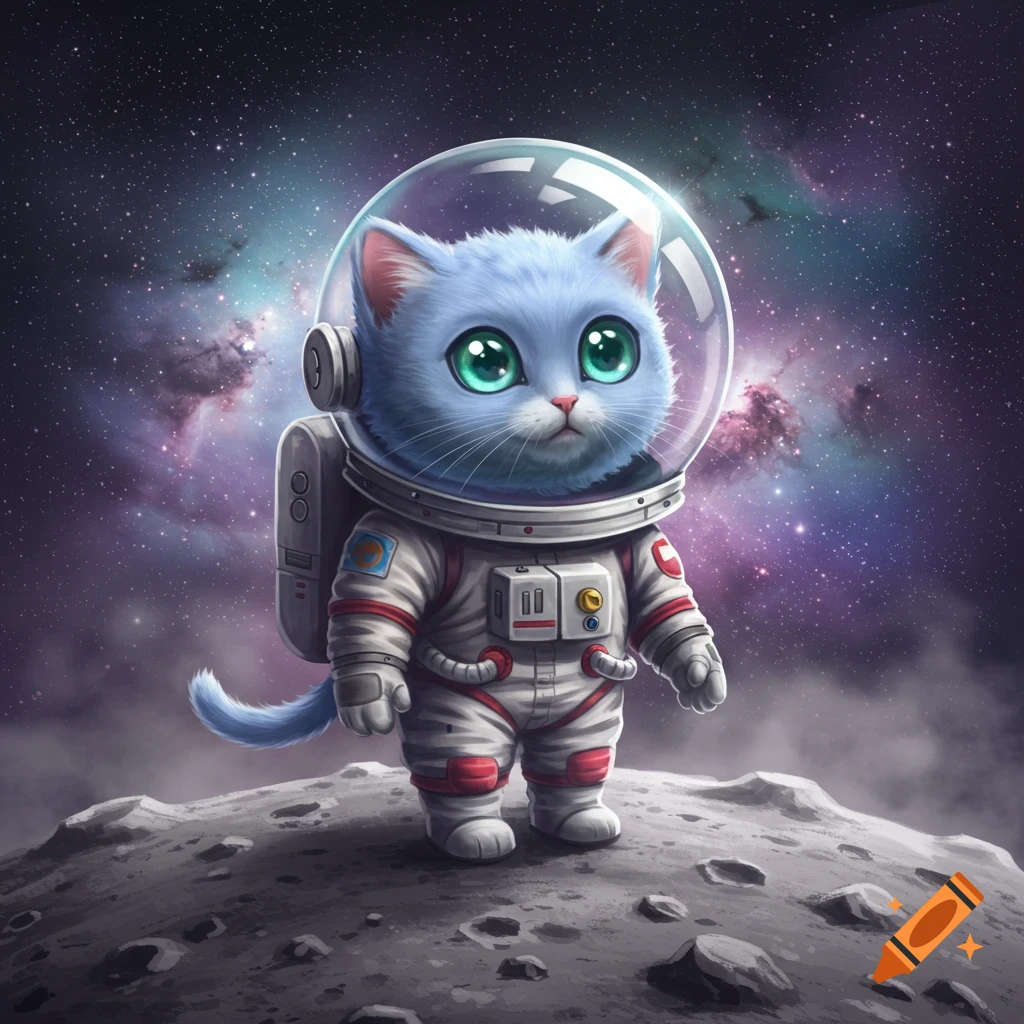 A cute blue cat wearing an astronaut suit stands on a rocky moon surface with a vibrant nebula in the starry sky.