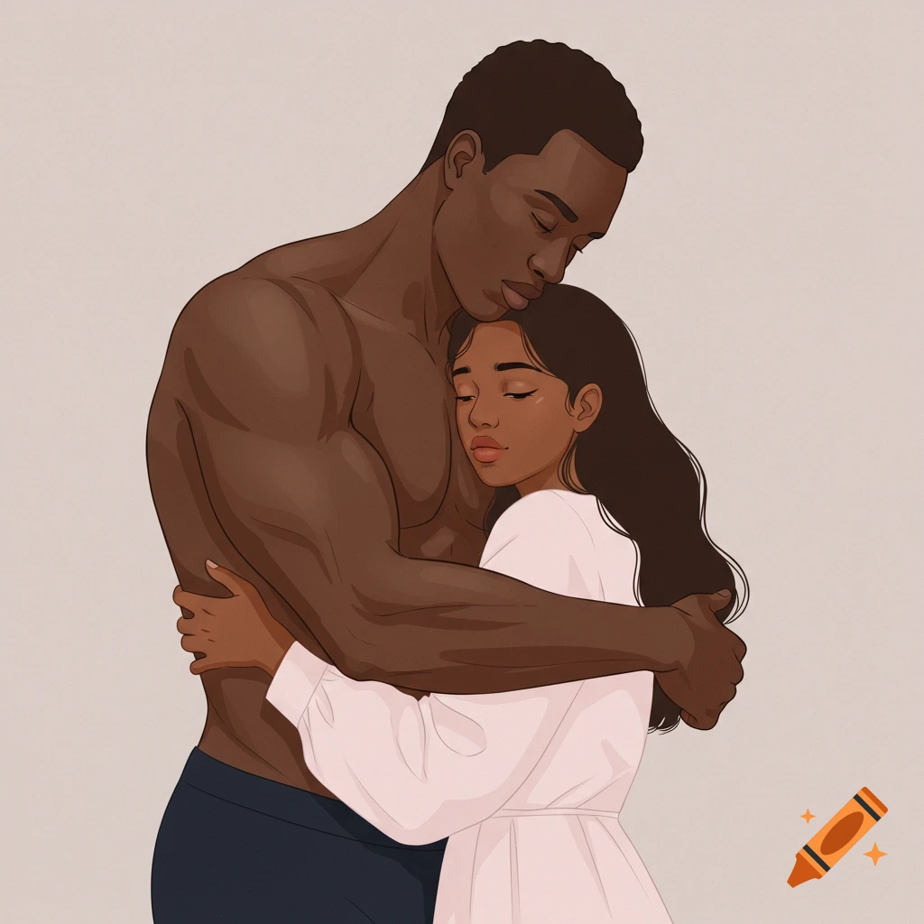 A minimal digital illustration of a Black man embracing a Black woman on a soft-colored background.
