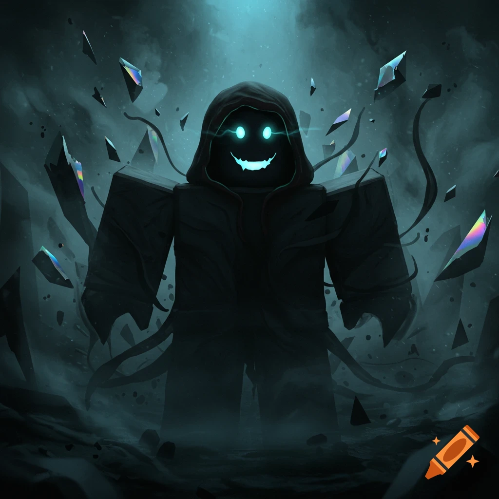 A dark, ominous Roblox character in a black hoodie with glowing eyes and a smiley face, surrounded by shattered crystals and smoke.