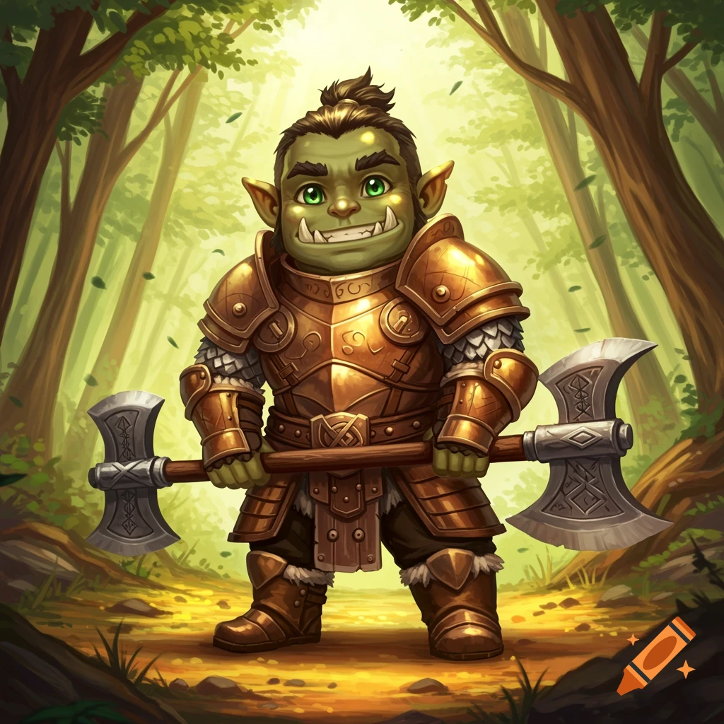 A cute, stylized male orc in golden battle plate armor stands in a sunlit forest, holding a large double-headed axe.