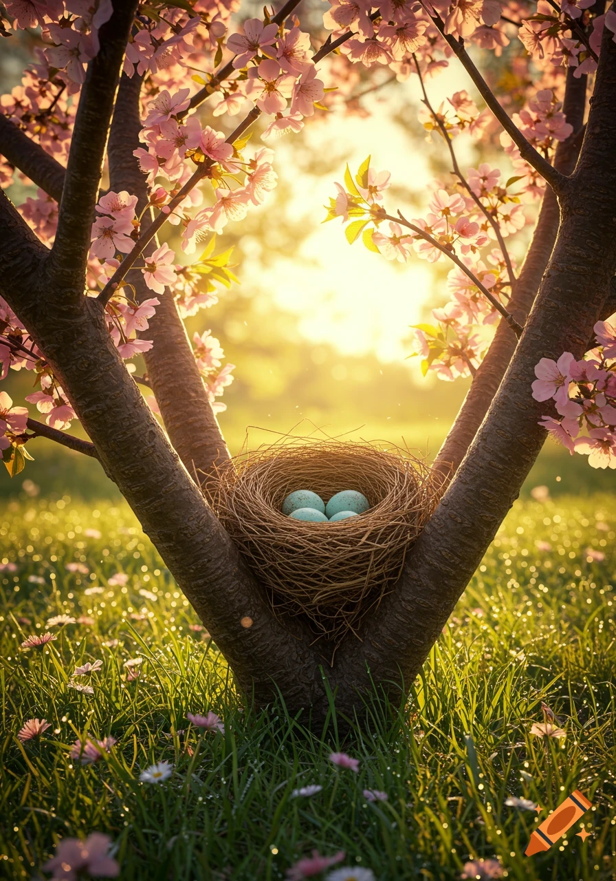 A bird's nest with three blue eggs nestled in the V-shaped trunk of a blooming cherry blossom tree, bathed in golden sunlight.