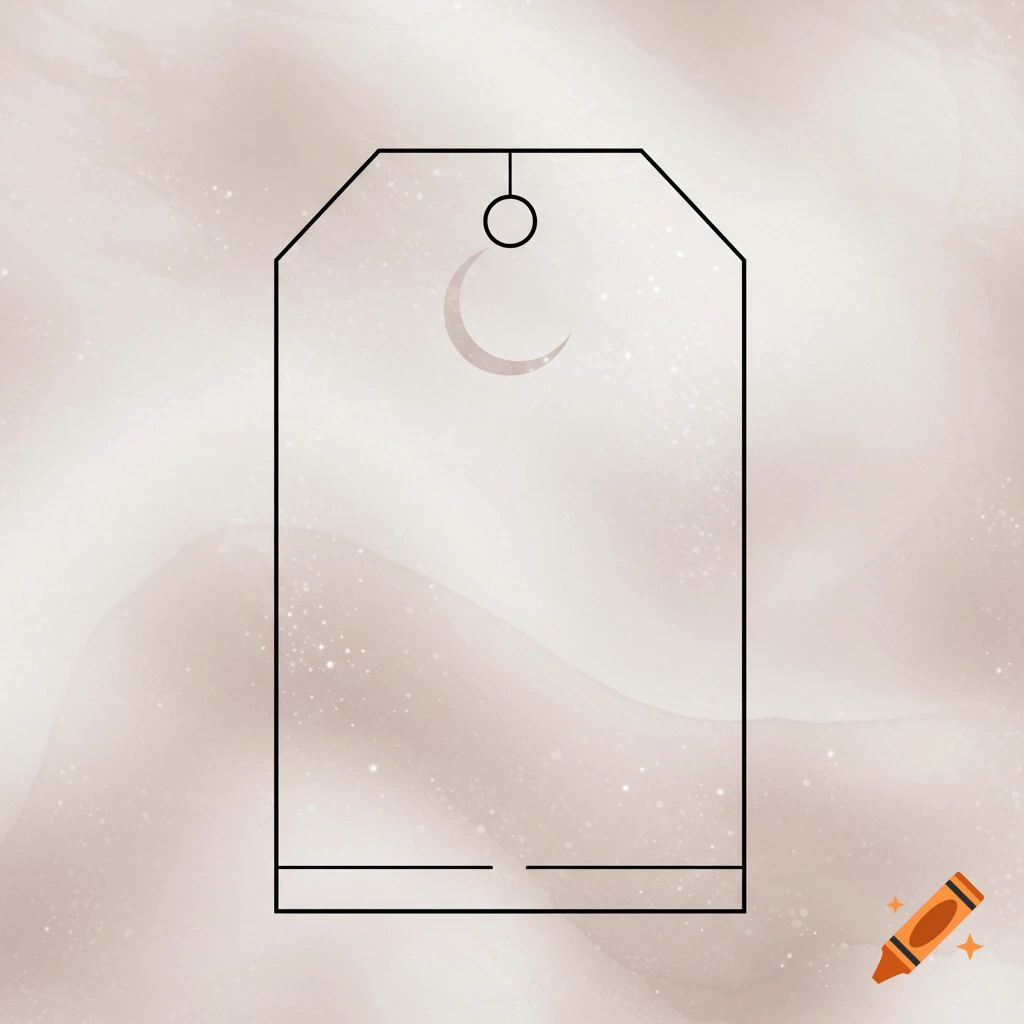 A minimalist price tag with a black border, a small crescent moon icon, and a soft, pearlescent white and pale gray background.