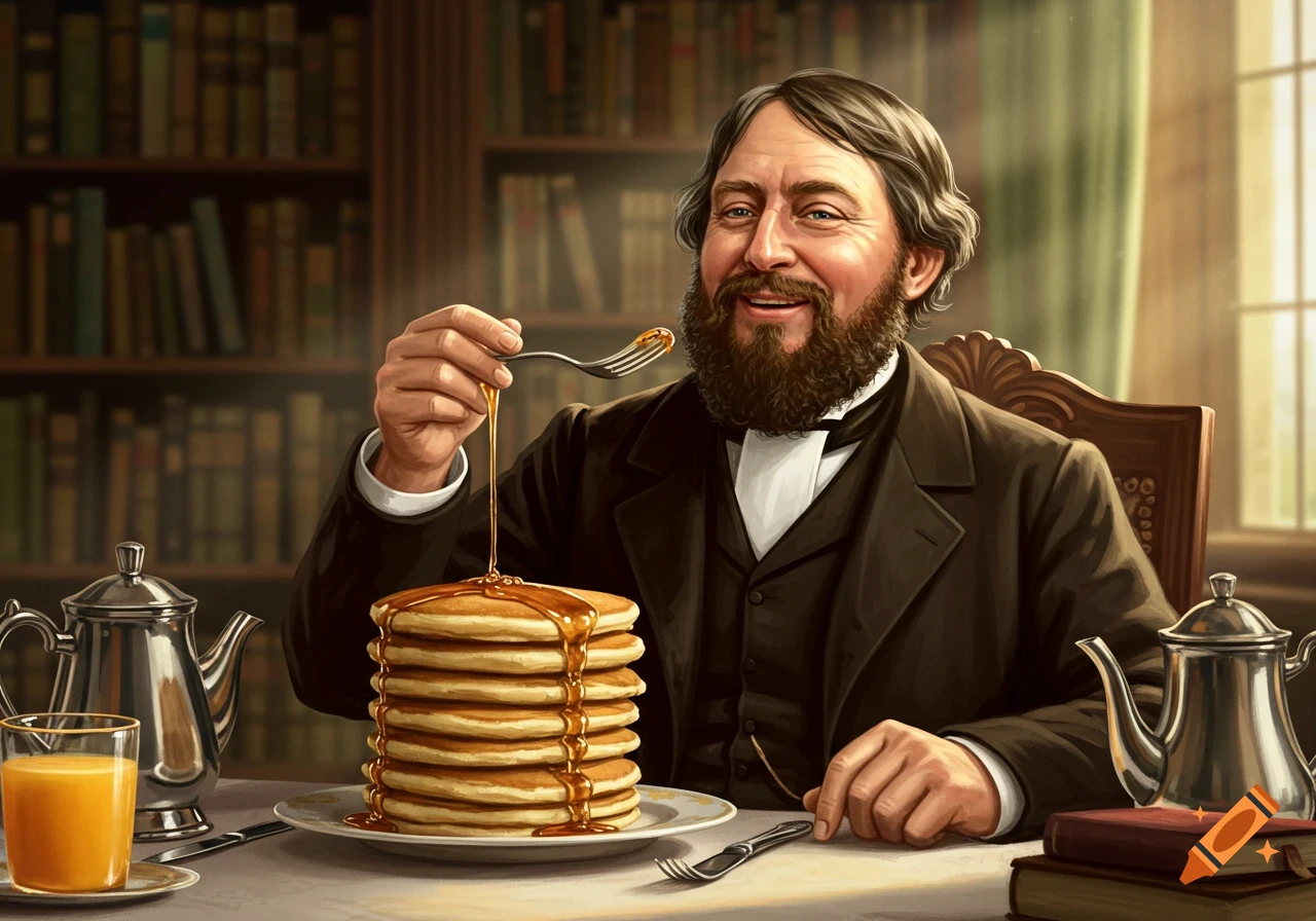 Bearded man in historical attire happily pours syrup onto a tall stack of pancakes in a library setting.