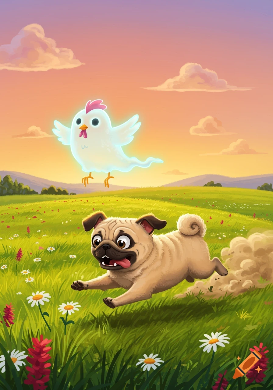 A happy cartoon pug runs through a green field with daisies, chasing a glowing white ghost chicken at sunset.