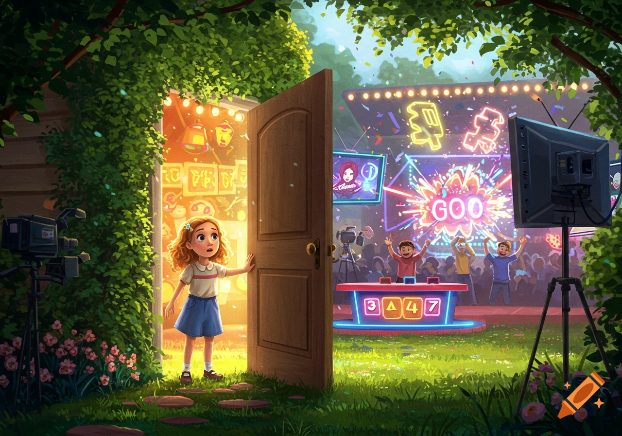 A young girl with red hair opens a wooden door from a lush green backyard into a bright, neon-lit reality TV game show set.