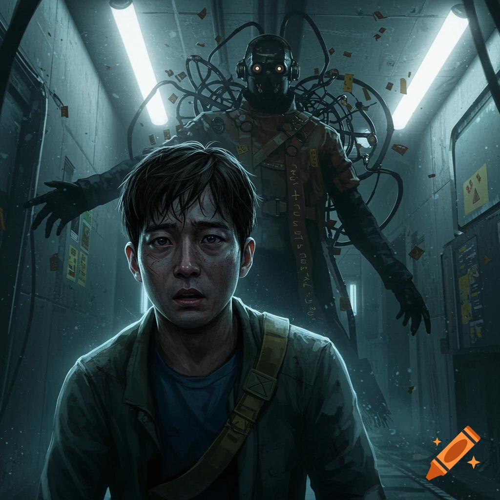 A scared man with a dirty, bloody face looks forward, as a menacing, wired cyborg creature with glowing eyes looms behind him in a dark, narrow corridor.