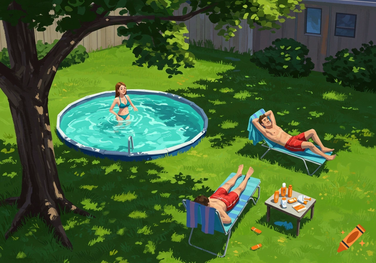 Illustrated scene of a woman in a pool and two men sunbathing in a sunny backyard.