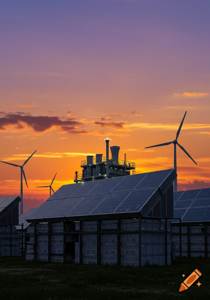 Solar panels and wind turbines with an industrial building under a vibrant sunset.