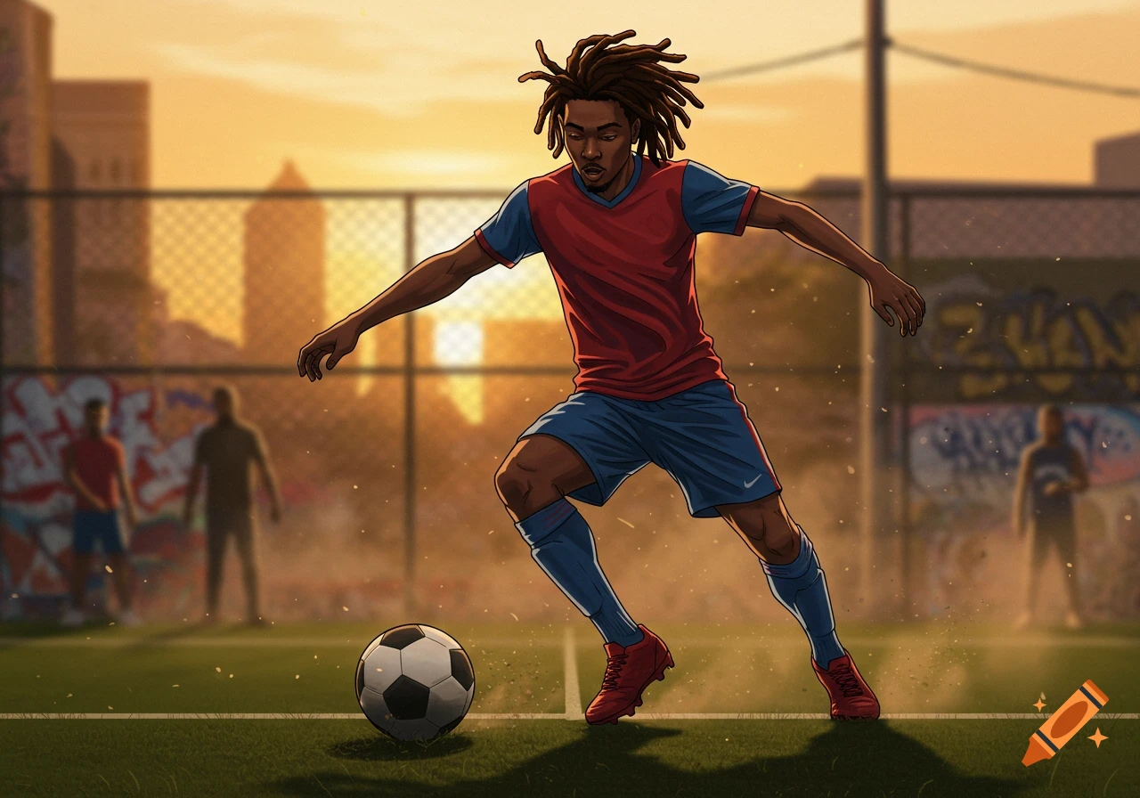 Illustrated Afro-Brazilian man with dreads in red and blue soccer jersey dribbling a ball on a field at sunset.