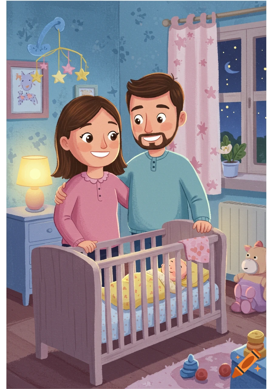 A cartoon illustration of a happy mother and father smiling as they stand by their baby sleeping peacefully in a crib in a nursery at night.