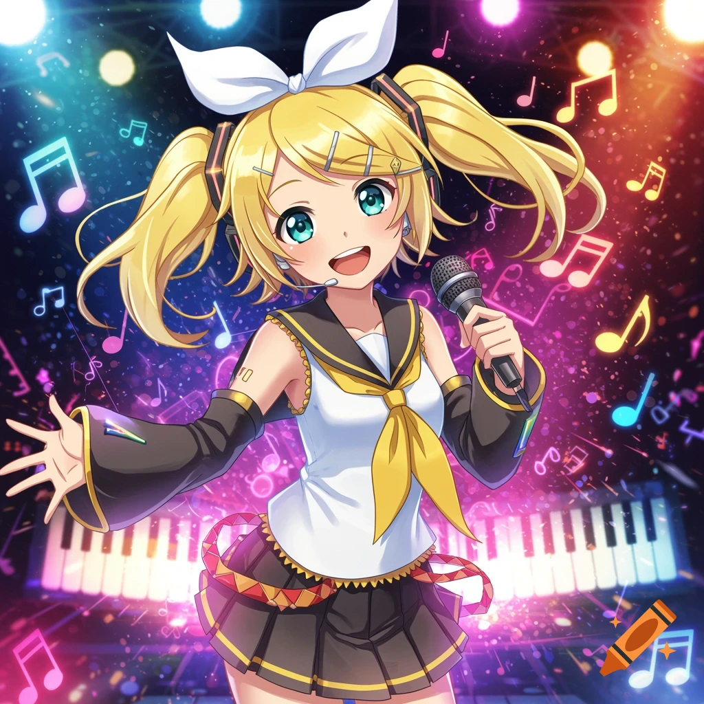 Anime character Kagamine Rin singing on stage with a microphone, surrounded by musical notes and vibrant lights.