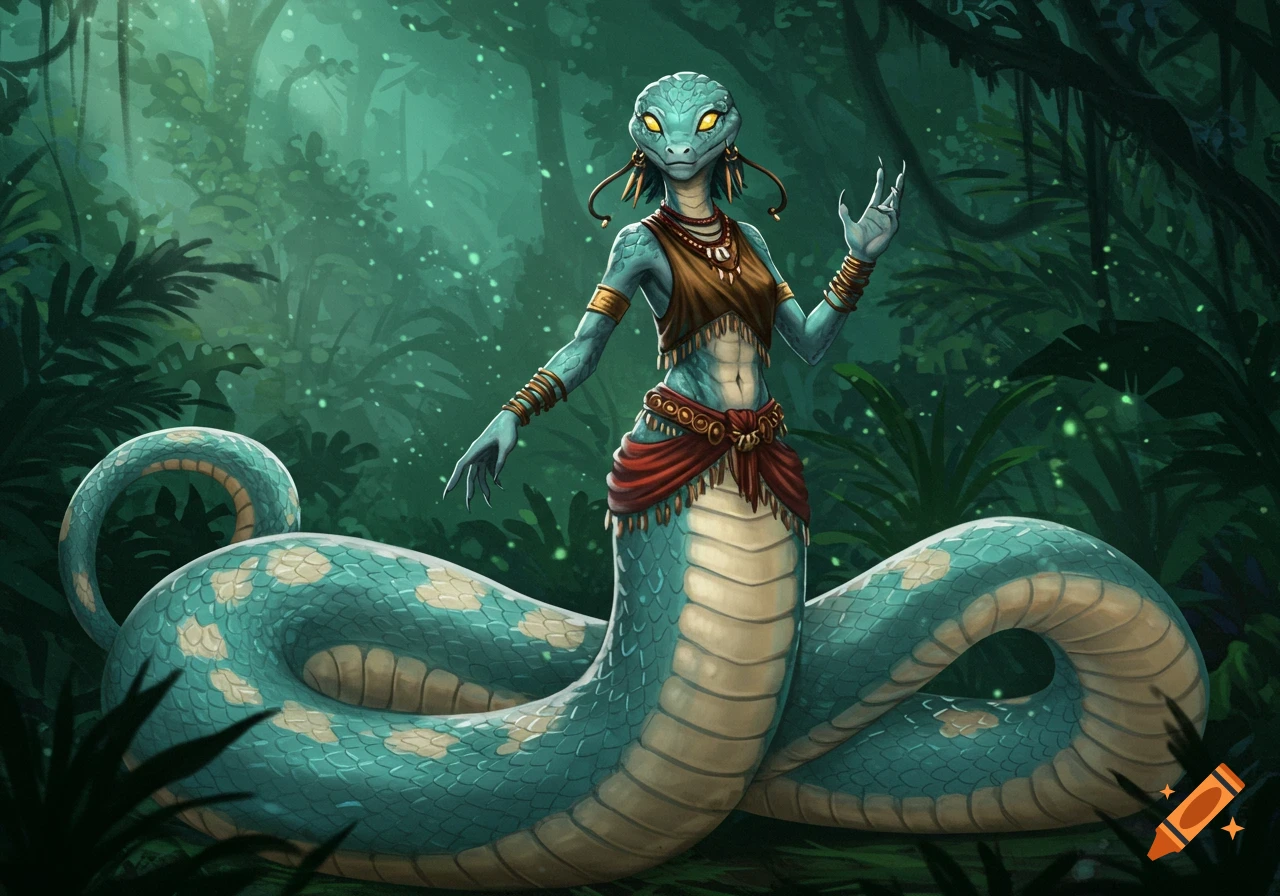 A lamia character with a human upper body and a teal and cream snake tail, standing in a lush jungle.