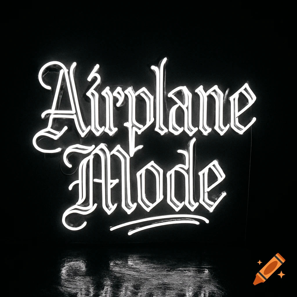 White neon sign displaying "Airplane Mode" in a gothic script on a black background with a slight reflection.