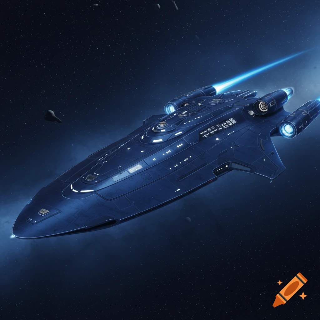 A detailed dark blue spaceship with glowing blue thrusters flies through a star-filled galaxy, with small asteroids nearby.