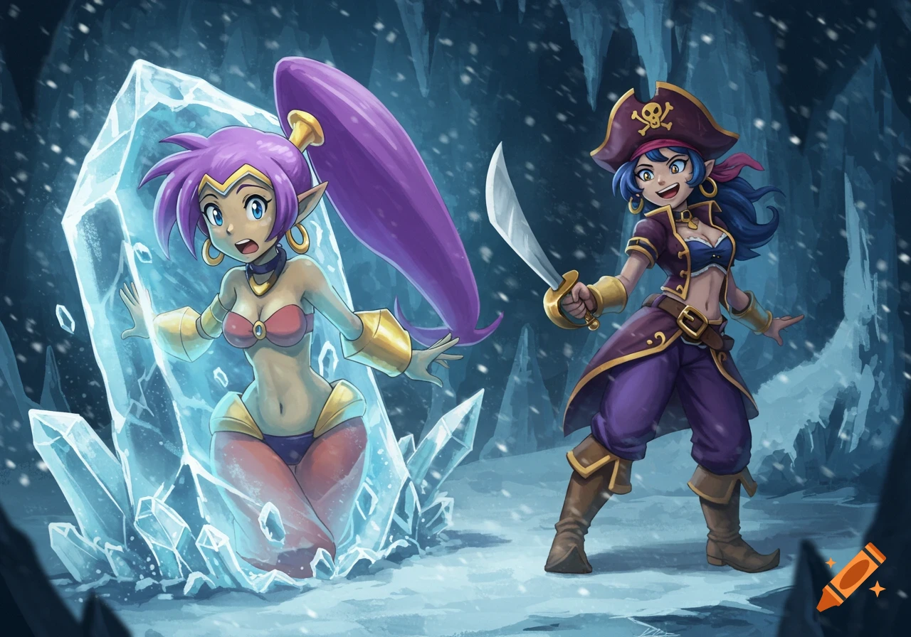 Shantae, a genie, frozen in ice while pirate Risky Boots stands with a sword in an icy cave, in a cartoon style.