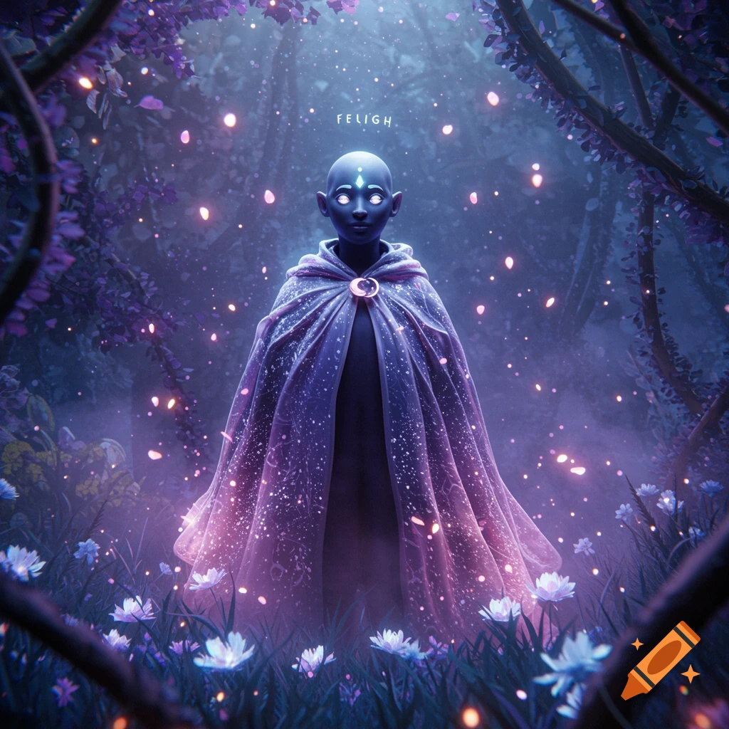 A bald, pale humanoid in a glowing purple cloak stands in a magical forest with glowing flowers and floating lights.