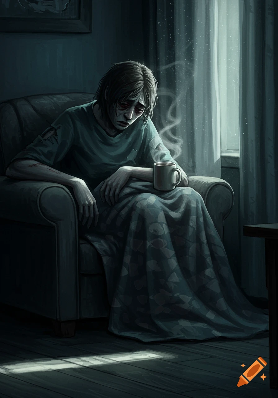 A dark illustration of a somber person with red eyes sitting in an armchair, holding a mug, illuminated by window light.