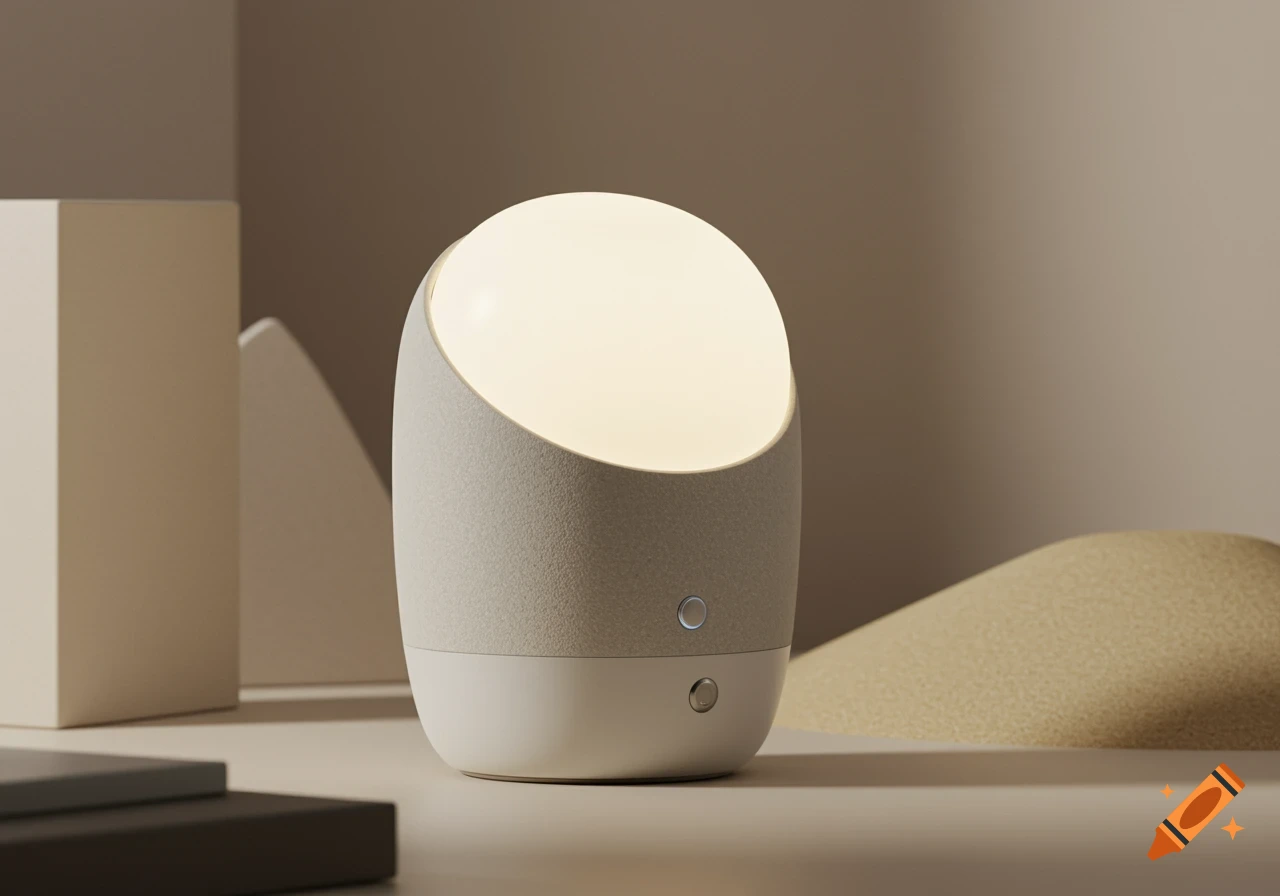 A minimalist, light-toned lamp with an angled top and two buttons, casting a soft glow in a product photography setting with abstract, neutral-colored shapes.