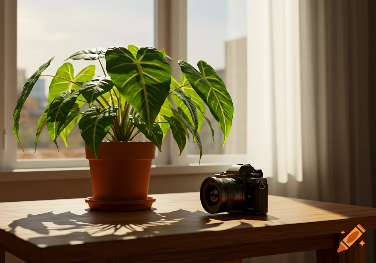 A houseplant in a terracotta pot on a wooden table, next to a black camera, bathed in sunlight from a window.