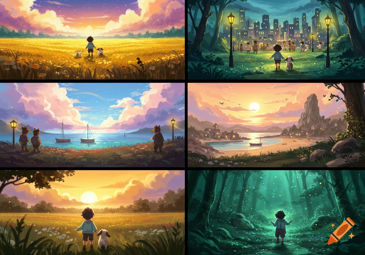 Six storybook illustrations depicting a child and animals exploring diverse landscapes at different times of day.
