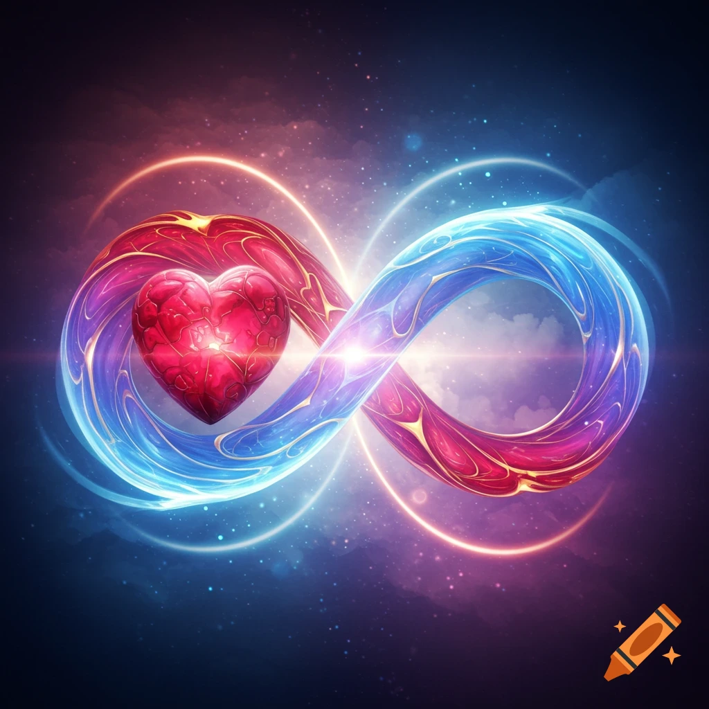 A glowing, abstract red heart intertwined with a blue and purple infinity symbol against a starry cosmic background.