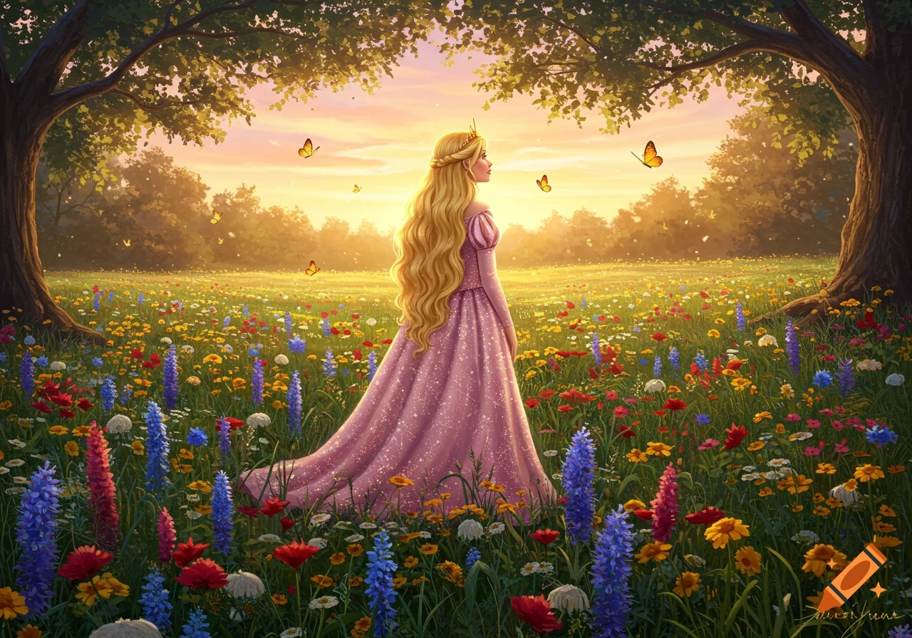 A long-haired princess in a pink dress stands in a vibrant field of wildflowers under a golden sunset, with butterflies fluttering around her.
