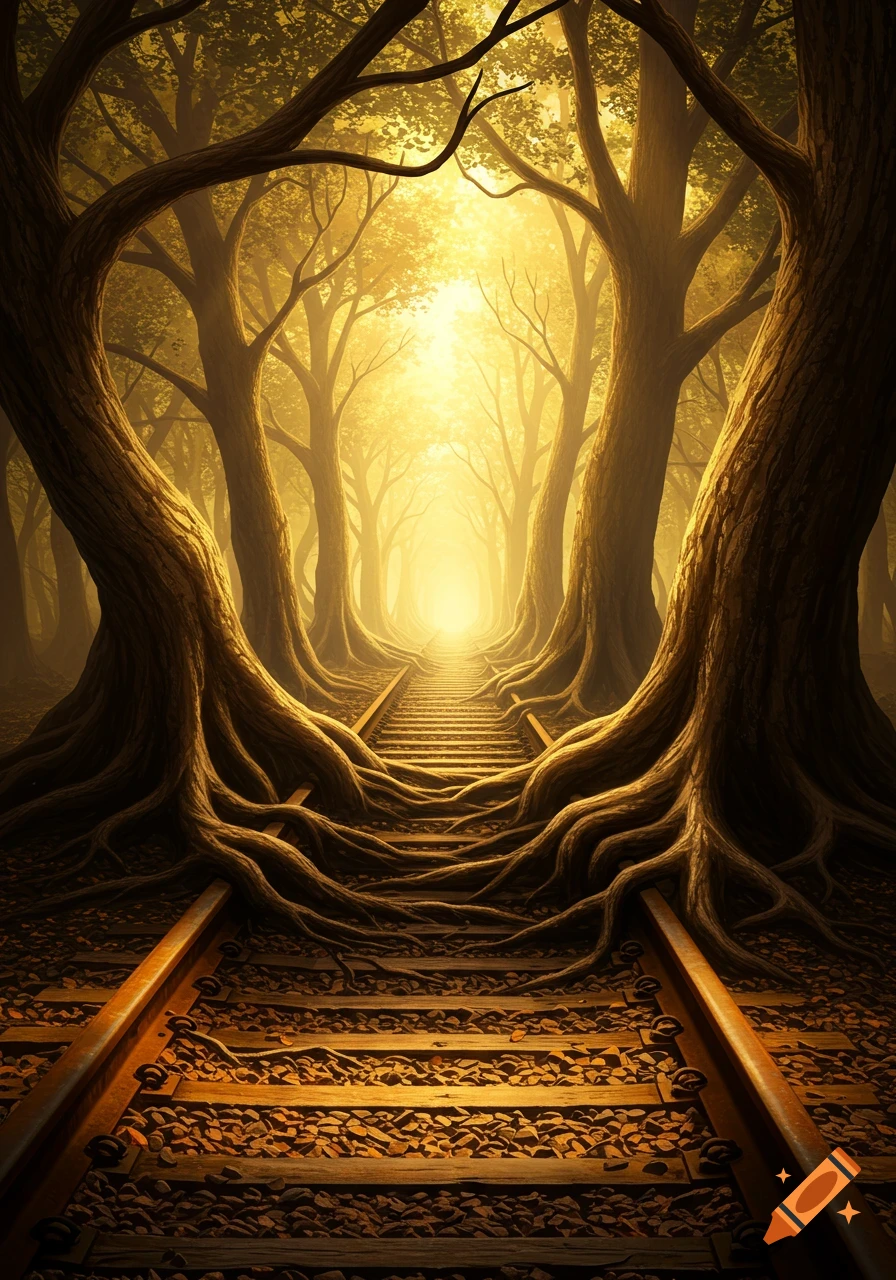A surreal forest path with a railroad track lined by massive, gnarled tree roots, leading towards a glowing golden light.