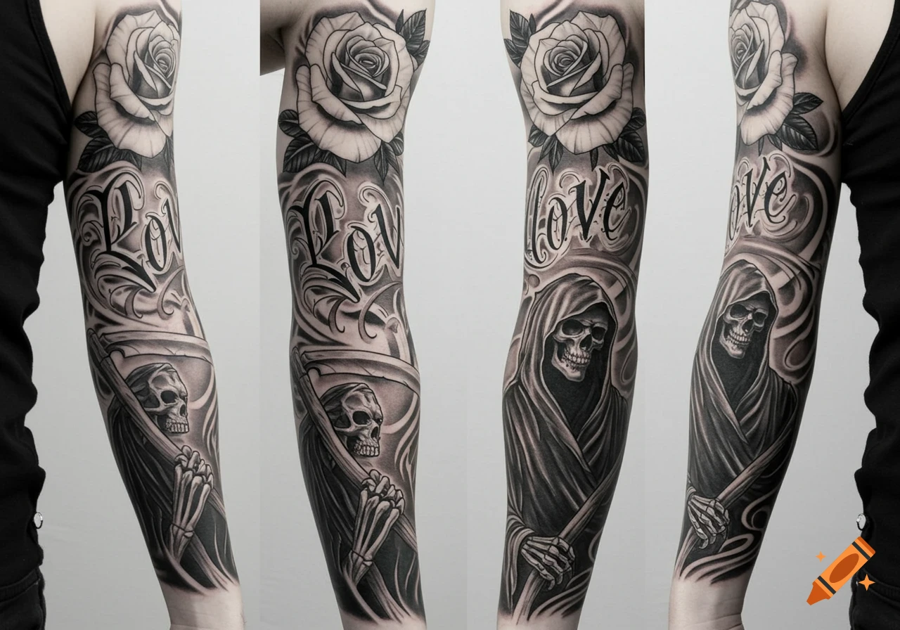 A black and white tattoo sleeve featuring a rose, the word 'Love' in script, and a grim reaper holding a scythe.