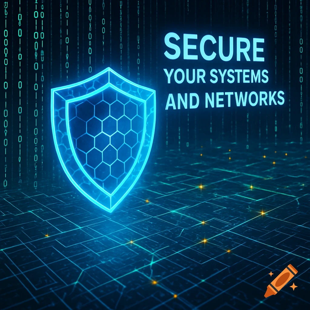 A glowing blue shield icon on a digital background with binary code and network lines, with the text 'SECURE YOUR SYSTEMS AND NETWORKS'.