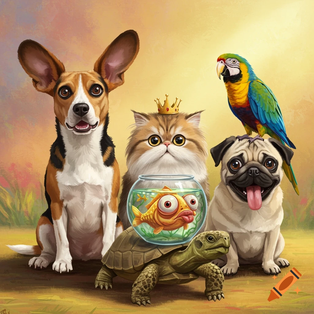 Cartoon portrait of a beagle, pug, cat wearing a crown, macaw, goldfish in a bowl, and a turtle together.