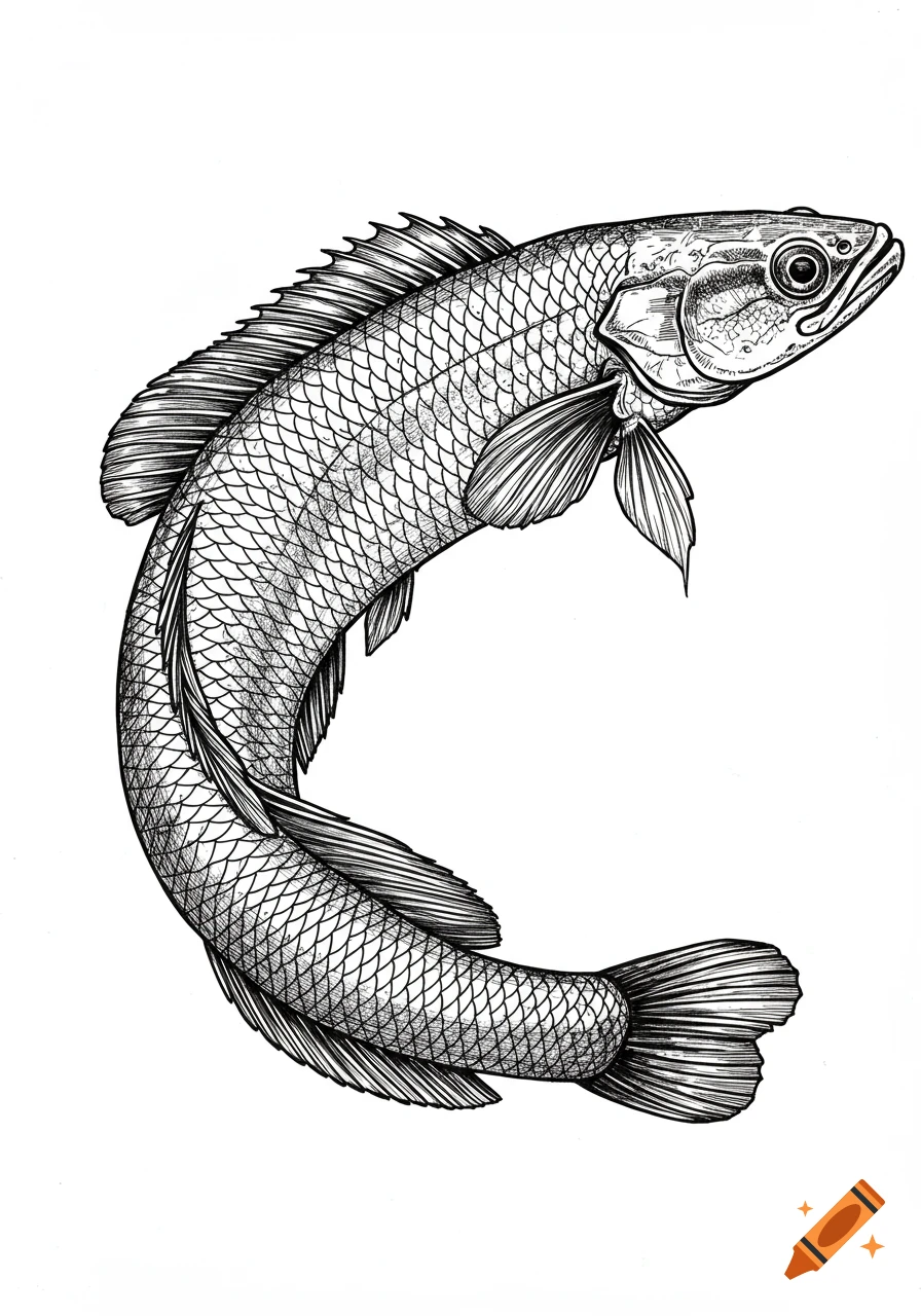 A detailed black and white line drawing of a Northern Snakehead fish curved in a C-shape against a white background.