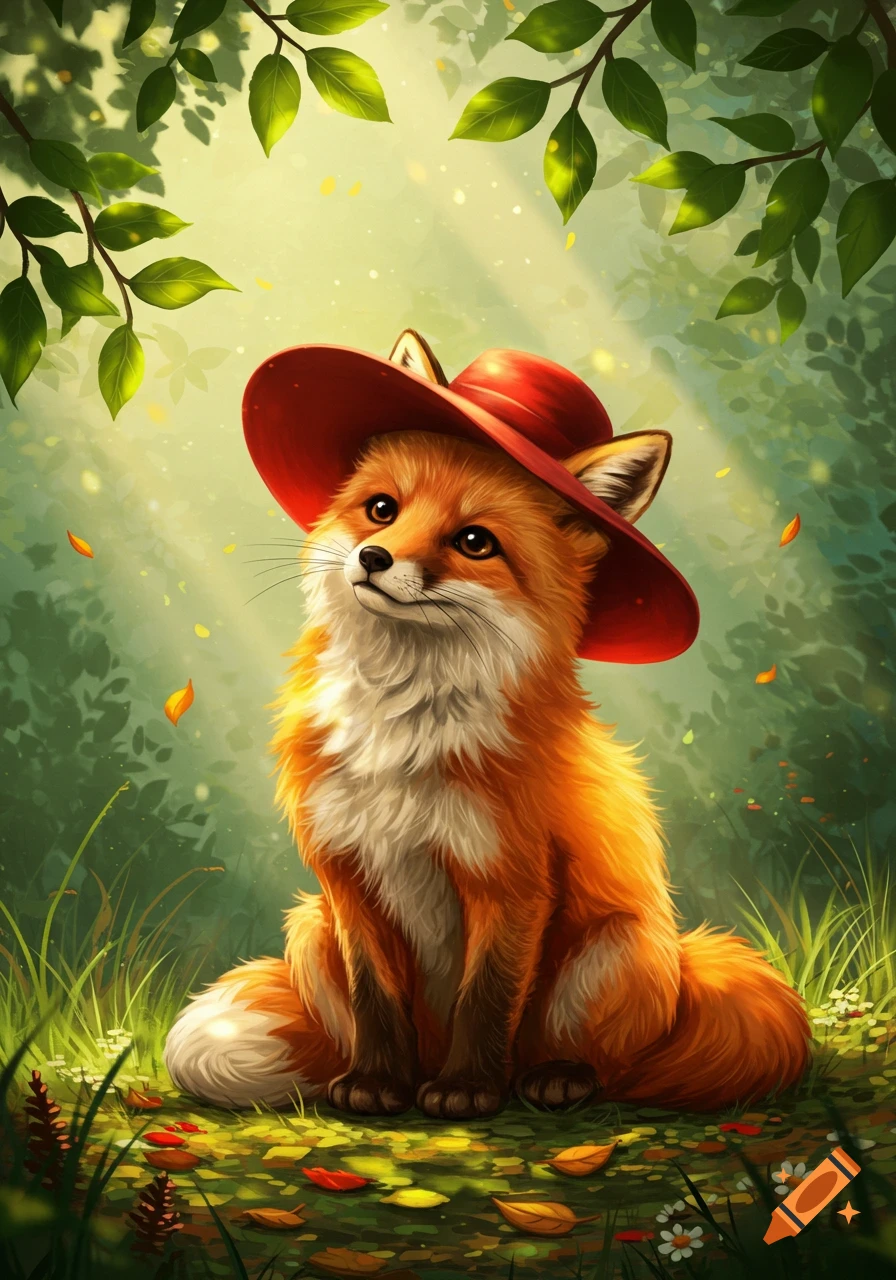 A cute fox wearing a red hat sits in a sun-dappled forest, surrounded by green leaves and fallen autumn foliage, in an illustrative style.