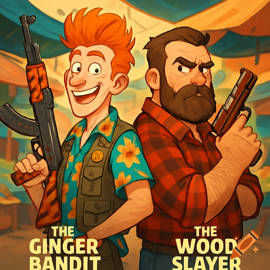 Cartoon illustration of a red-haired man with an AK-47 and a bearded man with a pistol, titled 'The Ginger Bandit' and 'The Wood Slayer'.