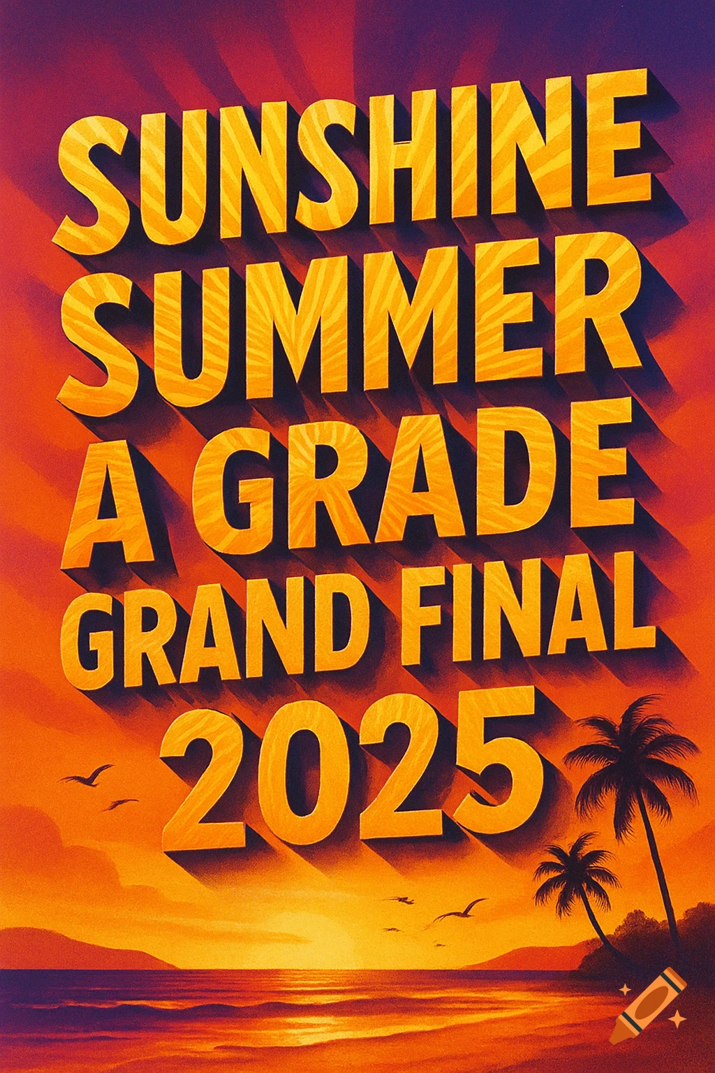 Vibrant poster with 'SUNSHINE SUMMER A GRADE GRAND FINAL 2025' text over a sunset beach scene with palm trees.
