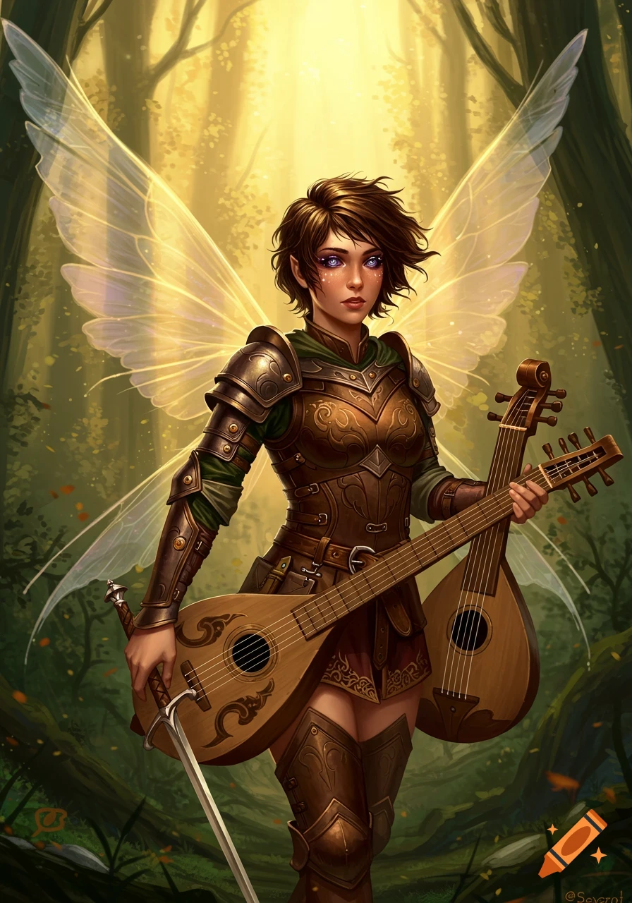 A female fantasy hero with short brown hair and glowing eyes, wearing leather armor and translucent wings, holds a lute and a sword in a sunlit forest.