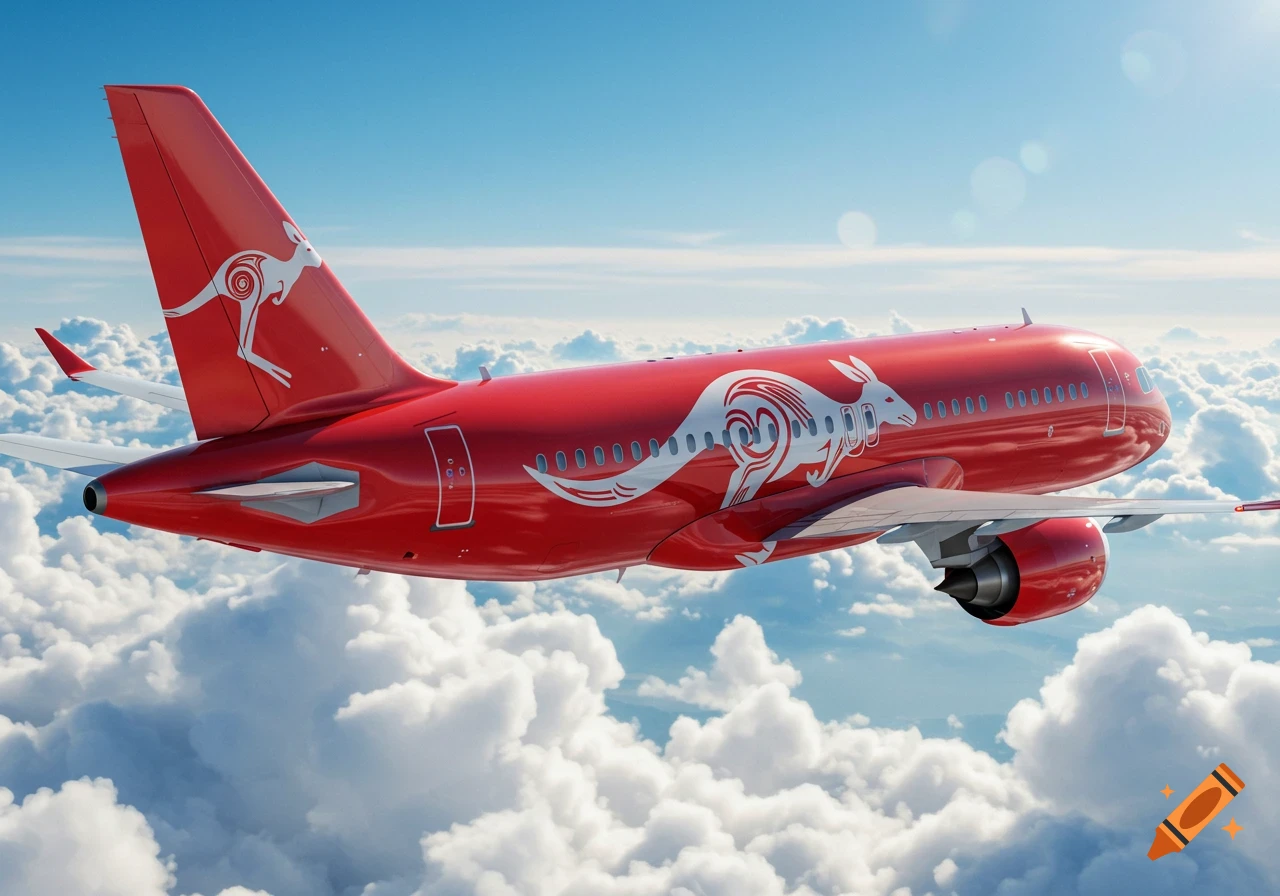 A red airplane with a large white kangaroo design on its body and tail flies above fluffy white clouds in a blue sky.