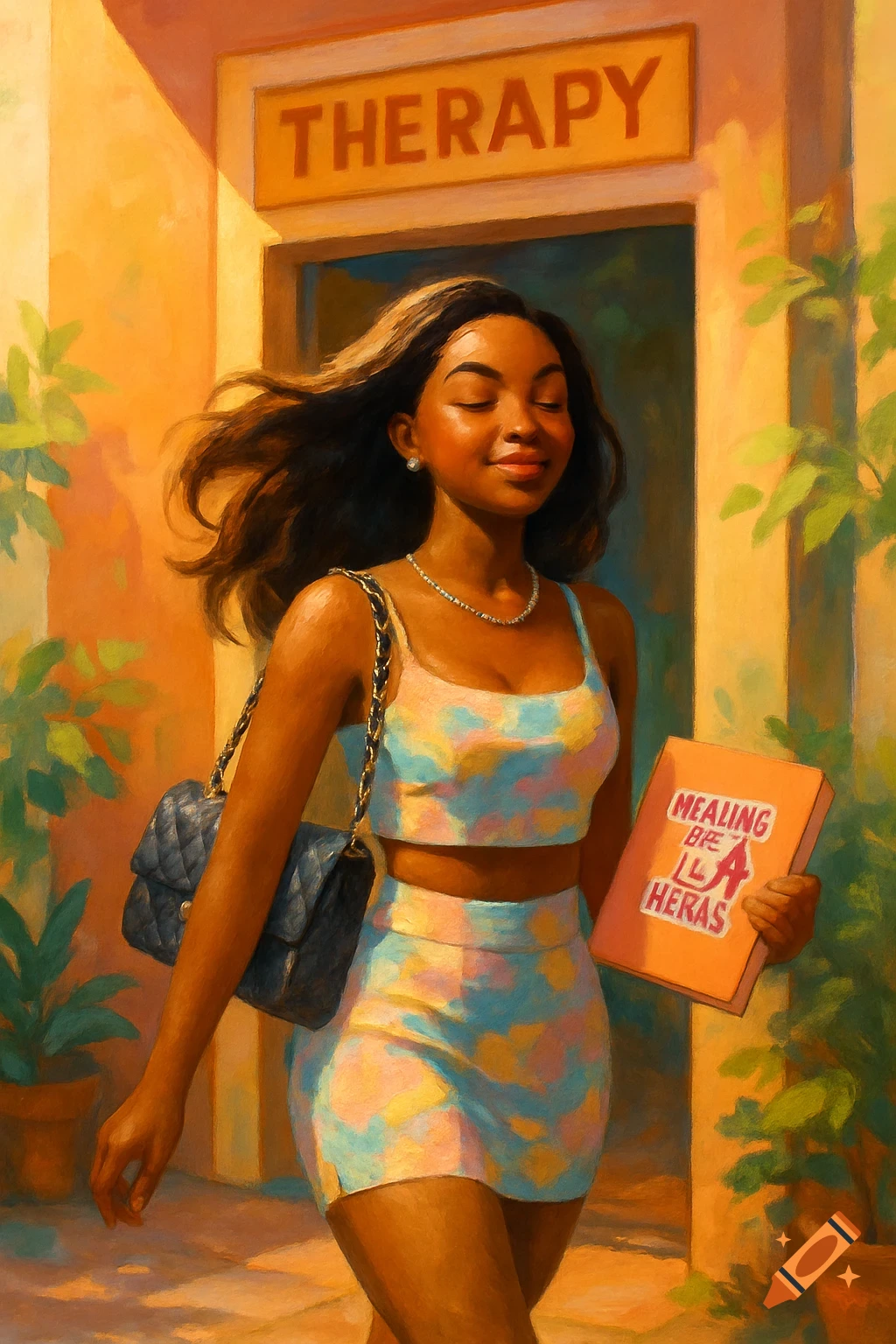 A woman with dark hair walks out of a building labeled 'THERAPY' wearing a colorful two-piece outfit and carrying a purse and a book.