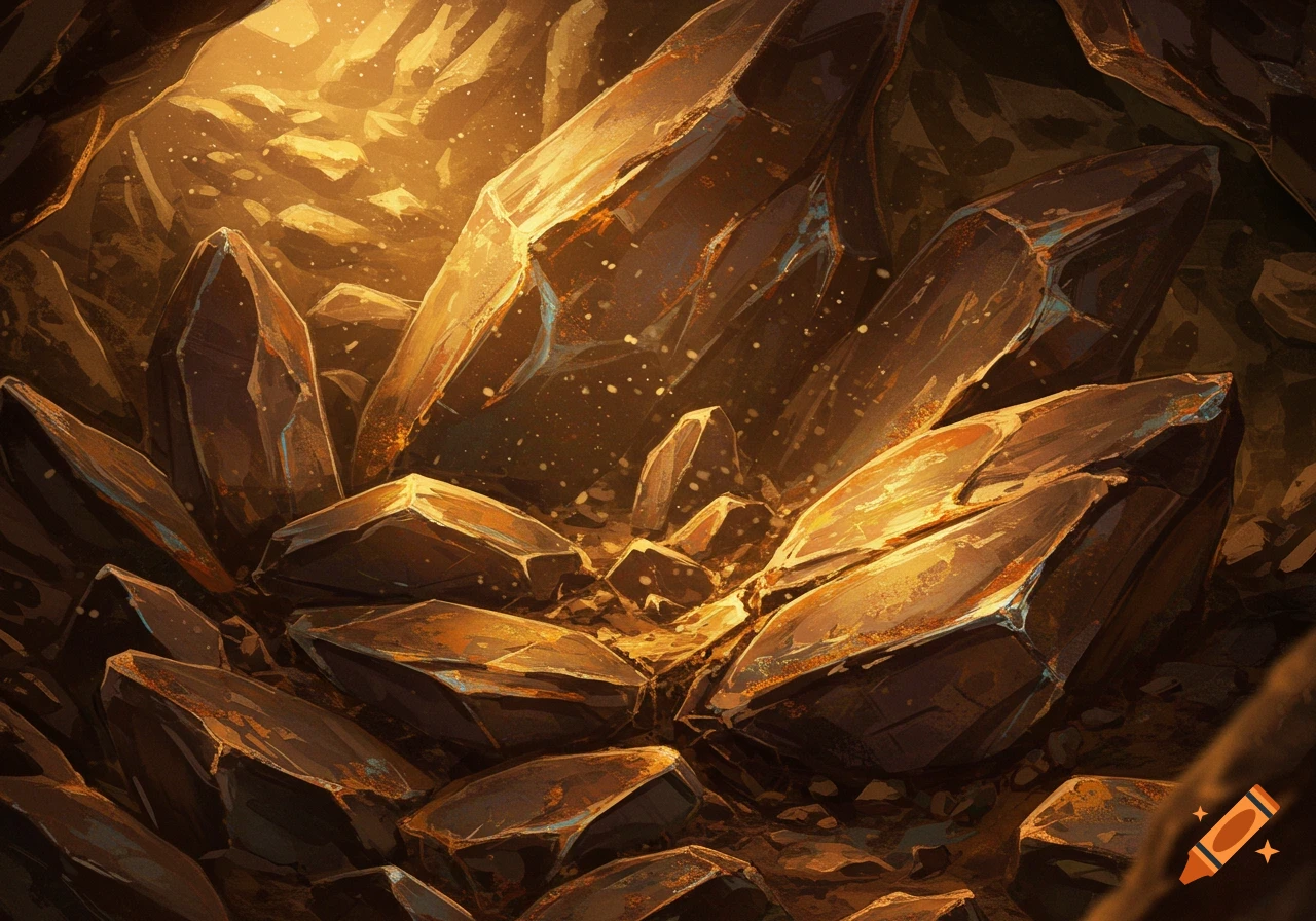 Close-up fantasy art of large, glowing brown and rusty ore shards in a dark underground deposit, with light filtering from above.