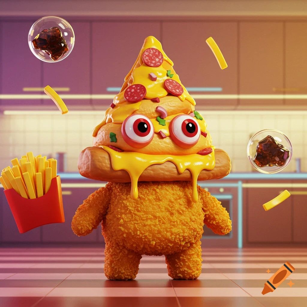 A 3D cartoon character with a pizza slice head, googly eyes, and a fried nugget body, standing in a kitchen with floating fries and bubbles.