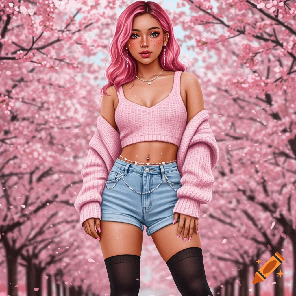 A stylized anime-style woman with long pink hair, freckles, and pink makeup stands on a cherry blossom-lined path. She wears a pink knitted crop top, an open pink cardigan, light-wash denim shorts with a chain, and black thigh-high socks.