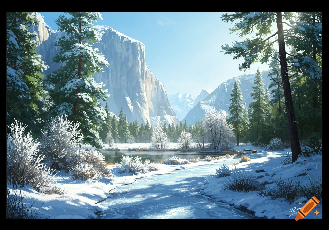 Digital painting of an icy trailhead in Yosemite, featuring snow-covered trees, a partially frozen river, and towering mountains.