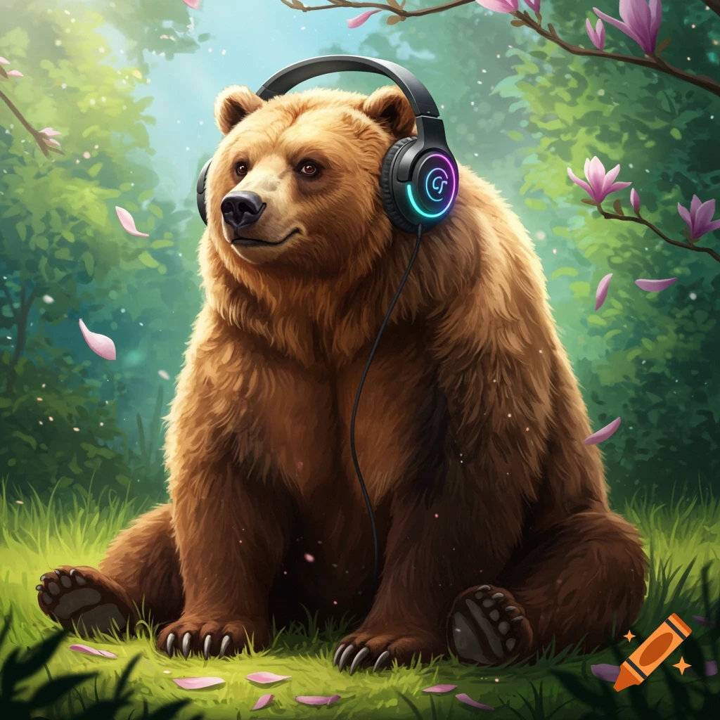 A brown bear with gaming headphones sits in a lush green forest with pink petals falling in a stylized illustration.