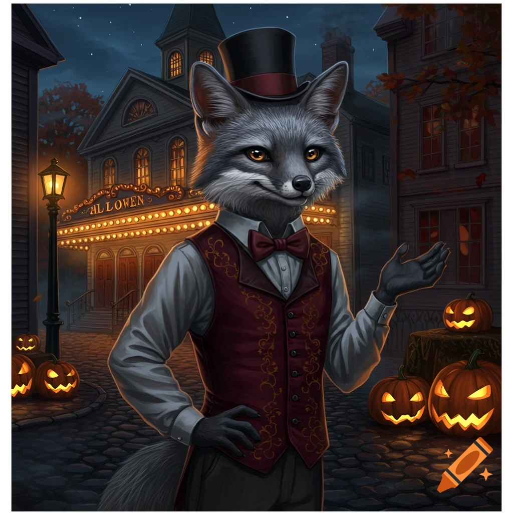 An anthropomorphic grey fox in a top hat and vest stands before a theater with a Hallowen sign, surrounded by glowing jack-o'-lanterns at night. Illustrative style.
