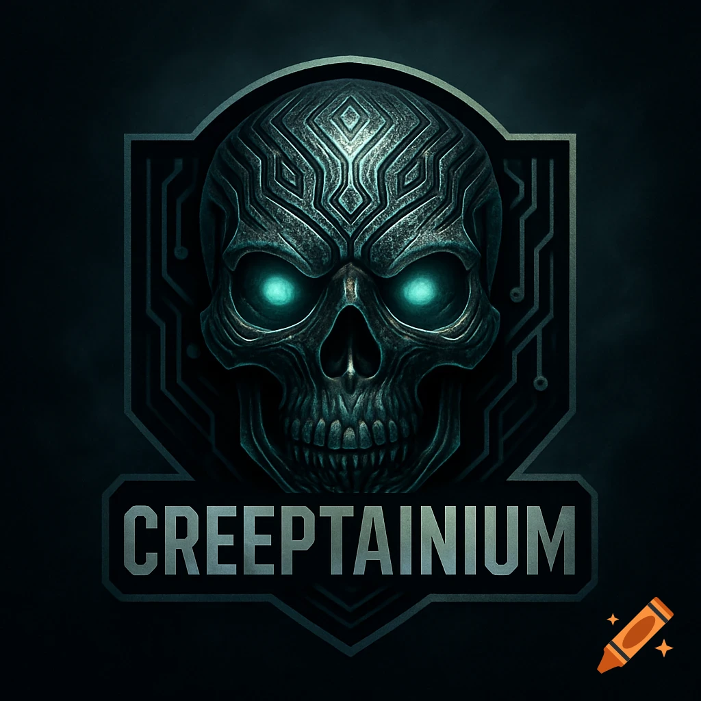 Dark logo featuring a metallic skull with glowing blue eyes and circuit patterns, with 'CREEPTAINIUM' text below.