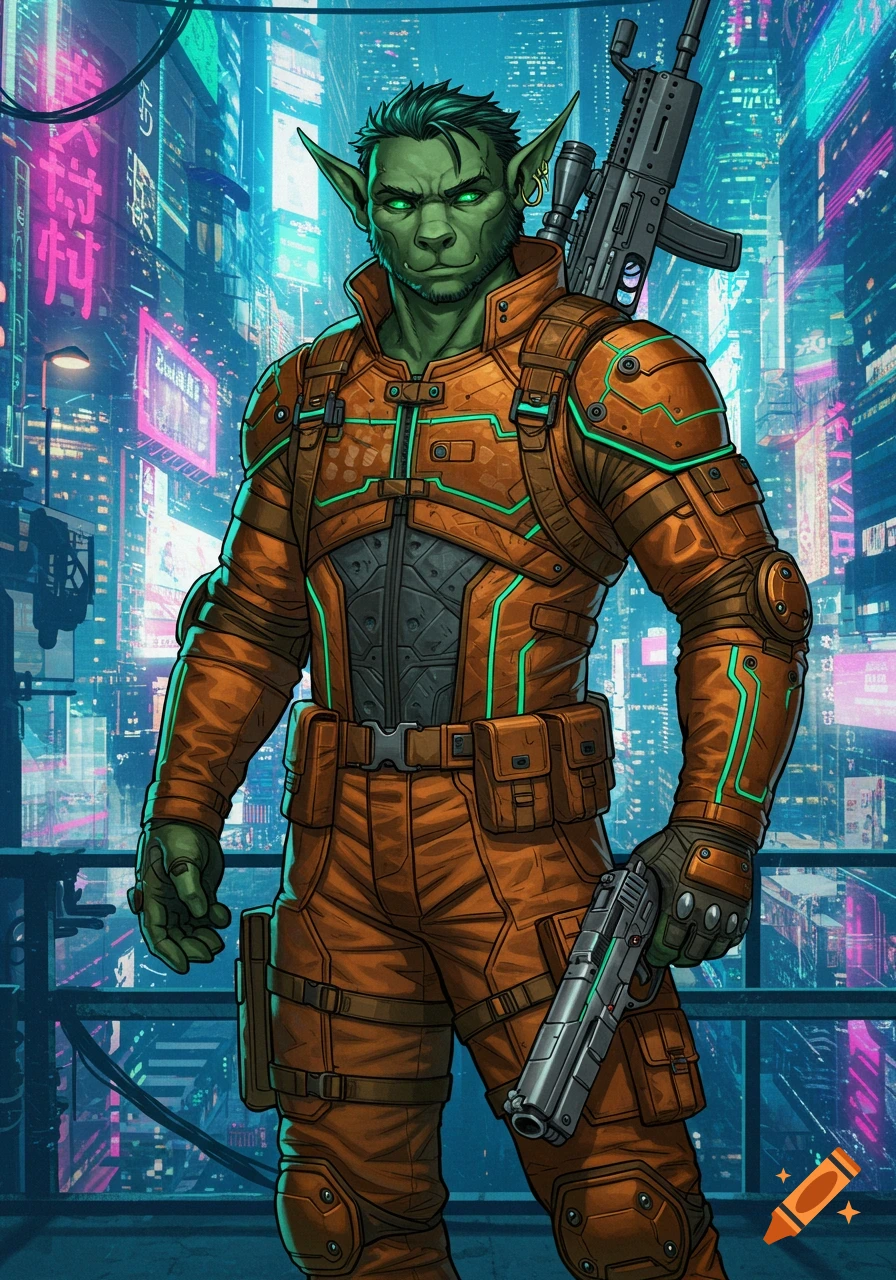 A green-skinned, pointy-eared character in a burnt orange tactical suit stands with weapons in a neon-lit cyberpunk city, comic art style.