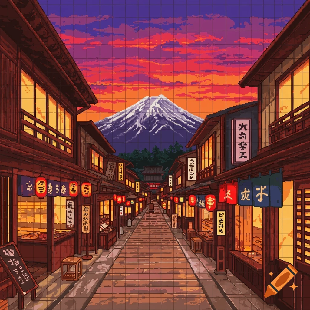 Pixel art of a Japanese shop street with traditional wooden buildings and red lanterns, under a vibrant sunset sky with Mount Fuji in the background, all with a visible grid overlay.