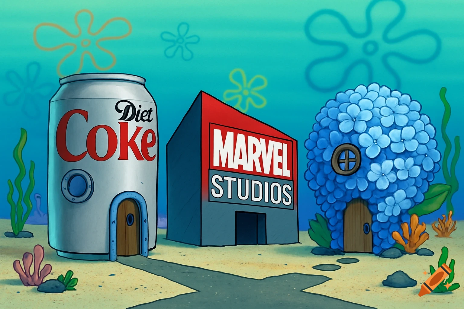 An underwater cartoon neighborhood with houses resembling a Diet Coke can, a Marvel Studios building, and a blue hydrangea.